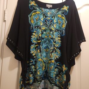 JM Collection Black and Blue Graphic Blouse